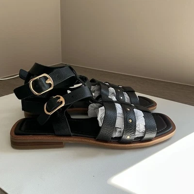 Marks &Spencer Black Leather Sandals Size wide fit large 6 more like 6.1/2 - Image 1 of 4