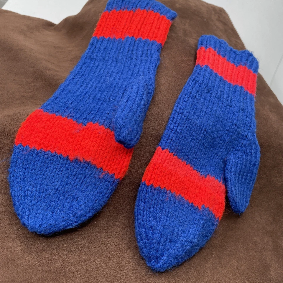 Abuela Hechos a Mano Mitones Tejidos Niño Azul Marino Lana Guantes de Invierno 8"x3" Años 50 Foto 2 de 3