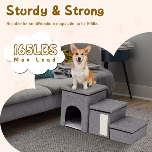 3 Step Couch Dog Stairs for Small & Senior Doggy Steps w/ Scratcher & Pet House - Picture 9 of 10
