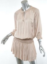 ULLA JOHNSON Womens Nude Ruched Silky Drop Waist Keyhole 3/4 Sleeve Dress 2 NEW