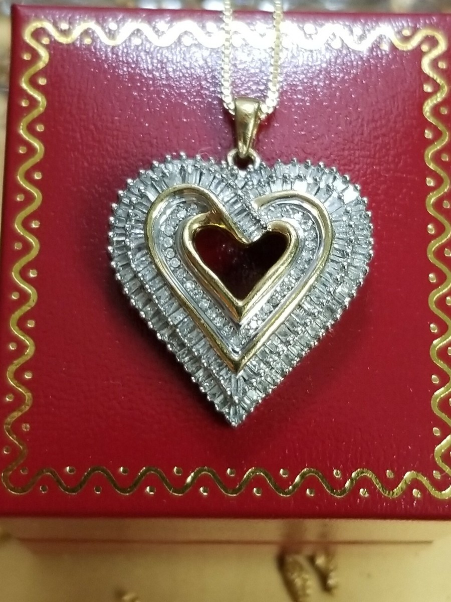 SALE LARGE 14K YELLOW GOLD STERLING SILVER DIAMOND HEART PENDANT
