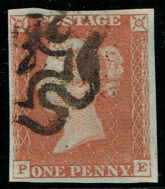 1841 1d Pale Red-Brown Pl 34 PE 4m MX Worn Plate Very Fine Used Cat.£60.00