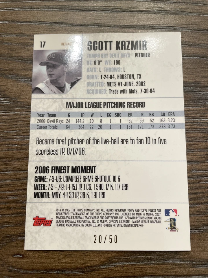 2007 Topps Finest Скотт Казмир No17 Золотой Рефрактор/50 Tampa Bay Devil Rays - Изображение 4 из 4