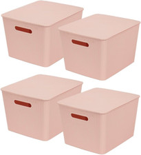 Storage Baskets with Lids - Set of 4 Stackable Plastic Boxes with Handles - Deco