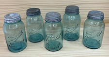 Antique Ball Mason jars Aqua blue glass 1-4-5 & (2) 10s - MIXED LOT OF 5 w Lids