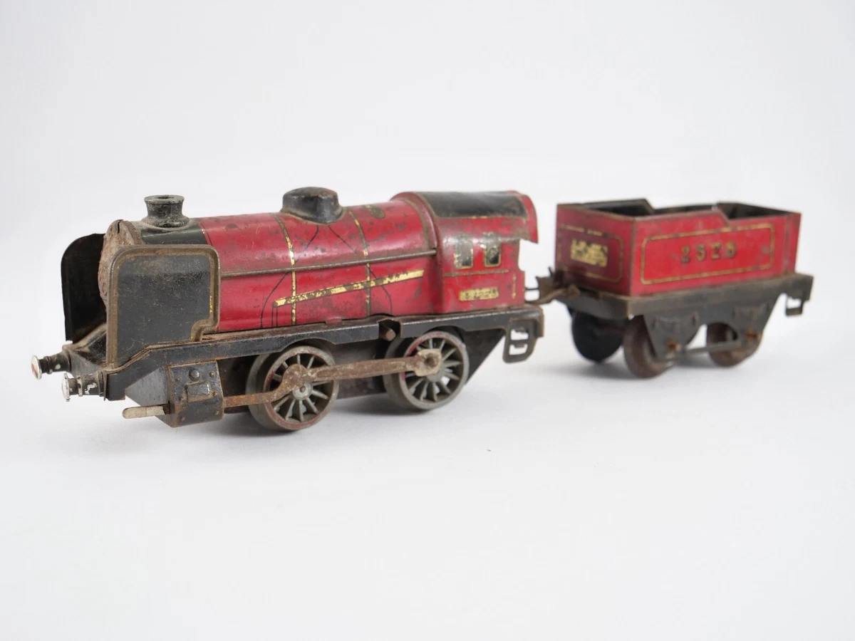 Lot Trains Hornby 0 Mécanique - Loco Vapeur Rouge HS + Tender + 3 Wagons + Rails