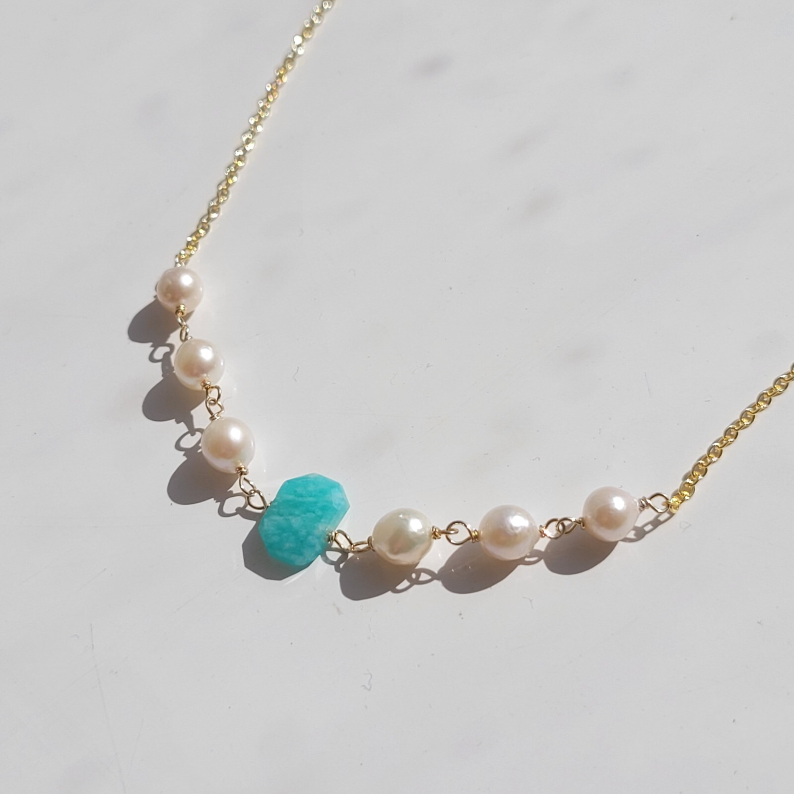 Collier amazonite et perle de culture anti-ternissement en or laminé pour peau sensible
