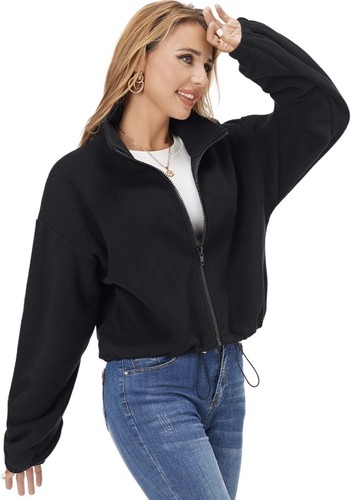 NWT Womens Fuinloth Black Fleece Cropped Oversized Jacket Drawstring Waist SMALL - 第 2/6 張圖片