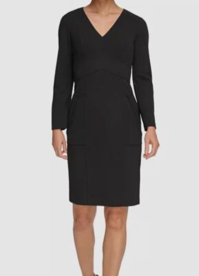 DKNY Women's Black V-Neck Lined Long Sleeve Crepe Sheath Dress Size 6 | eBay