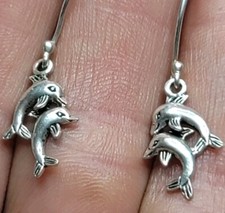 925 Sterling Silver Jumping Dolphins Dangle Earrings
