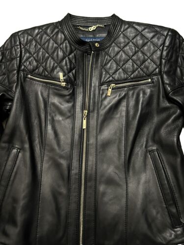 Cole Haan Womens Black Lambskin Leather Moto Jacket Small S - Picture 2 of 3