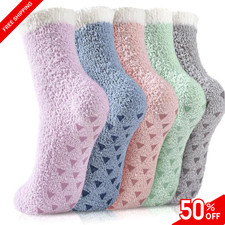 Fuzzy Socks for Women - 4 or 5 Pairs Winter Warm Cozy Slipper Socks, Non-Slip So