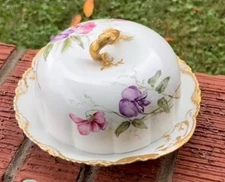 Haviland Limoges France Pink Floral Gold Covered Butter Dish Schleiger 133