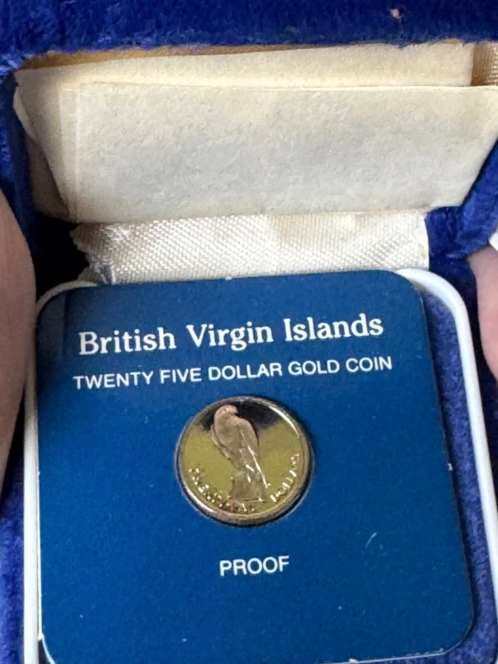 Moneda de oro de 25 dólares de las Islas Vírgenes Británicas prueba de la Casa de la Moneda Franklin certificado de autenticidad 1984 Foto 2 de 4