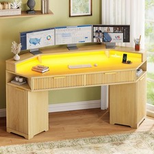 Computer Desk with 2 Drawers LED Lights, Small Office Desk with Storage Cabinet