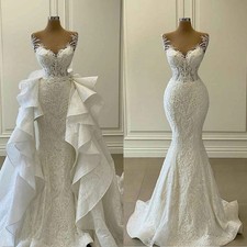 Princess Mermaid Wedding Dresses Appliques Lace Beaded Detachable Bridal Gowns