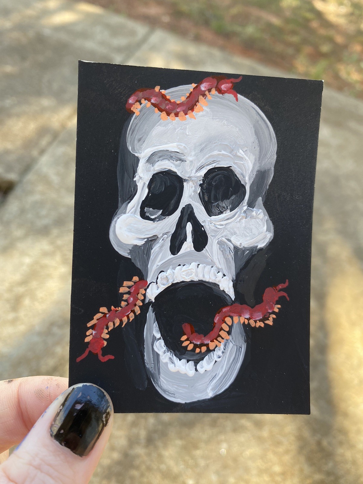 ACEO Mini Original Painting Skeleton Skull Centipede Insect Goth Art Card