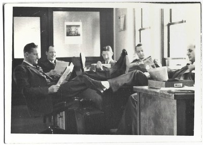 Vintage Old 1940s Photo of Man Men in Office Reading Newspapers Legs up on Desk