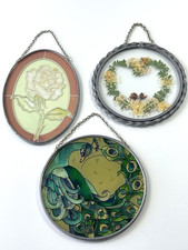 Vintage Glass Suncatchers Hand Painted Peacock, Dry Flowers Flower Set Of 3