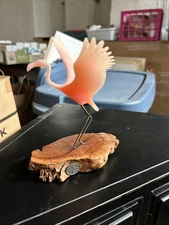 VTG John Perry  Pink Flamingo Bird Sculpture 7in. Resin on Polished Burlwood USA