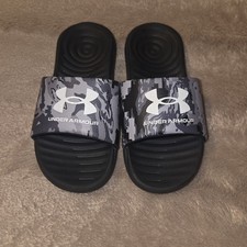 Under Armour Big Kids Slides Flip Flops Size 1Y Black Gray Camouflage