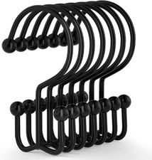 Durable Rust-Proof Black Shower Curtain Hooks - 12 Pcs Double Glide Rings