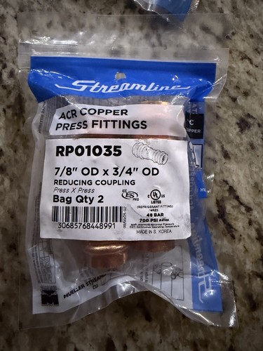 Streamline RP01035 ACR Copper 7/8" x 3/4" Reducing Coupling Bag Qty 2