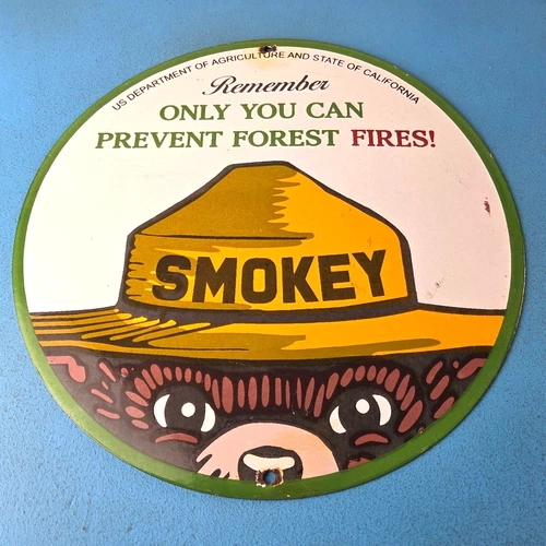 Vintage Forest Service Gas Pump Sign - Smokey the Bear Porcelain Sign