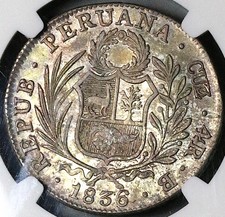 Moneda Escasa Libertad Permanente 1836-B NGC UNC Perú Cuzco 4 Reales (25110701C)