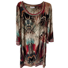 Calvin Klein Tunic Dress 3/4 Sleeve Multicolor Feather Print Abstract Knit