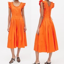 Ulla Johnson Bright Orange Camille Ruffled Pleated Sleeveless MIDI Dress sz 6