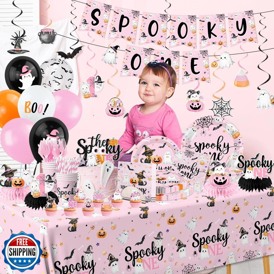 Жуткий один день рождения украшения девочка, розовый Хэллоуин 1-й день рождения вечеринки Suppl - Изображение 3 из 4