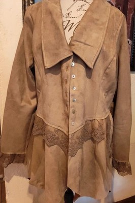 Venus New Shabby Sheek Faux Suede & Lace Victorian Vintage Button Down Jacket XL