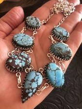Blue Web Matrix Turquoise Seven Stone Link Necklace Saw Bezel 20”-24”