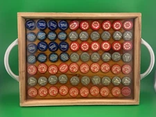 Beer Serving Tray Handles 70 Vintage Caps Under Epoxy Heavy Wooden 13x9x1.5
