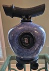 Early Matthew Lovein Raku Pottery Wish Keeper Iridescent Blue Vase With Stand