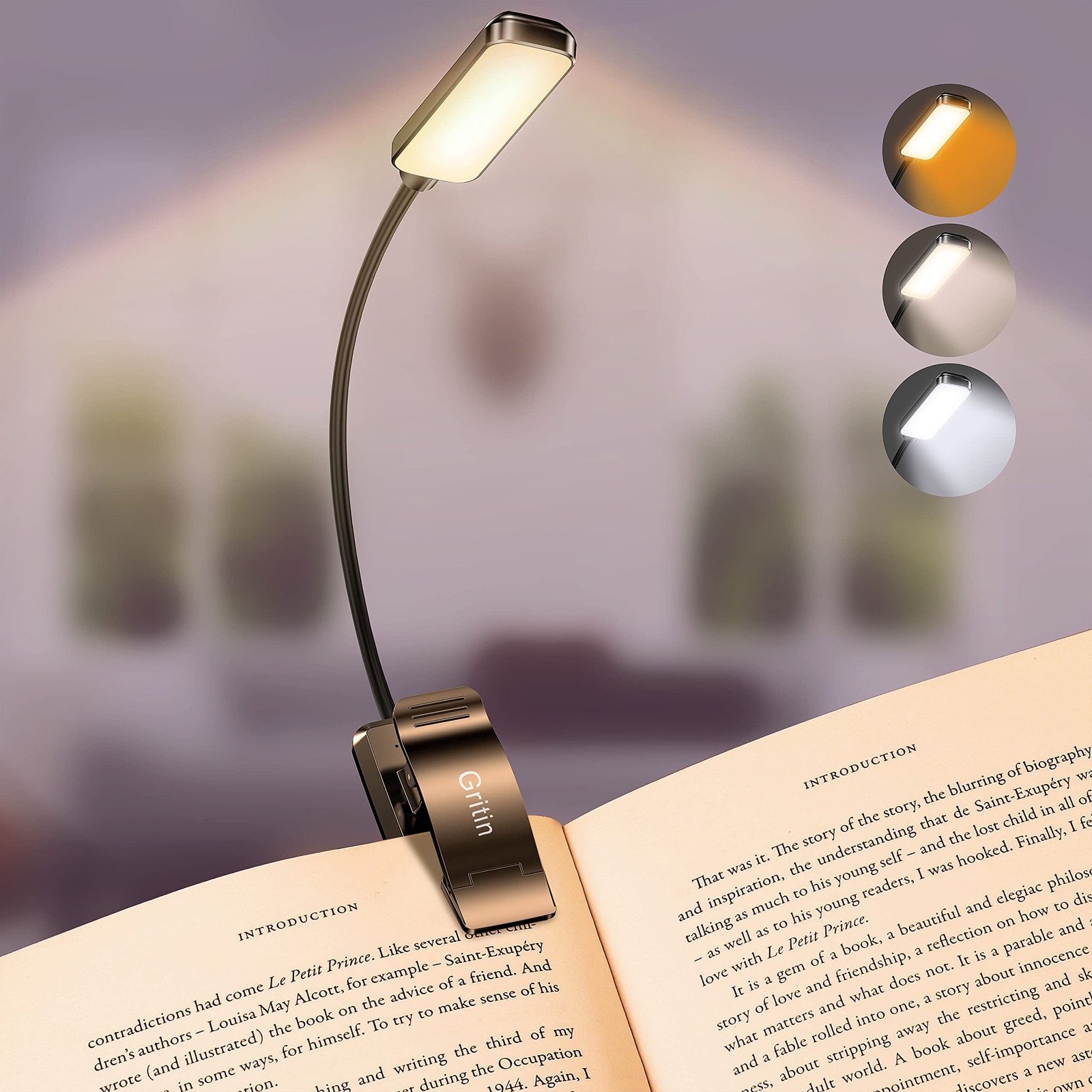 Gritin 9 LED Clip on Book Light 3 Eye Protecting Modes Flexible Reading Light