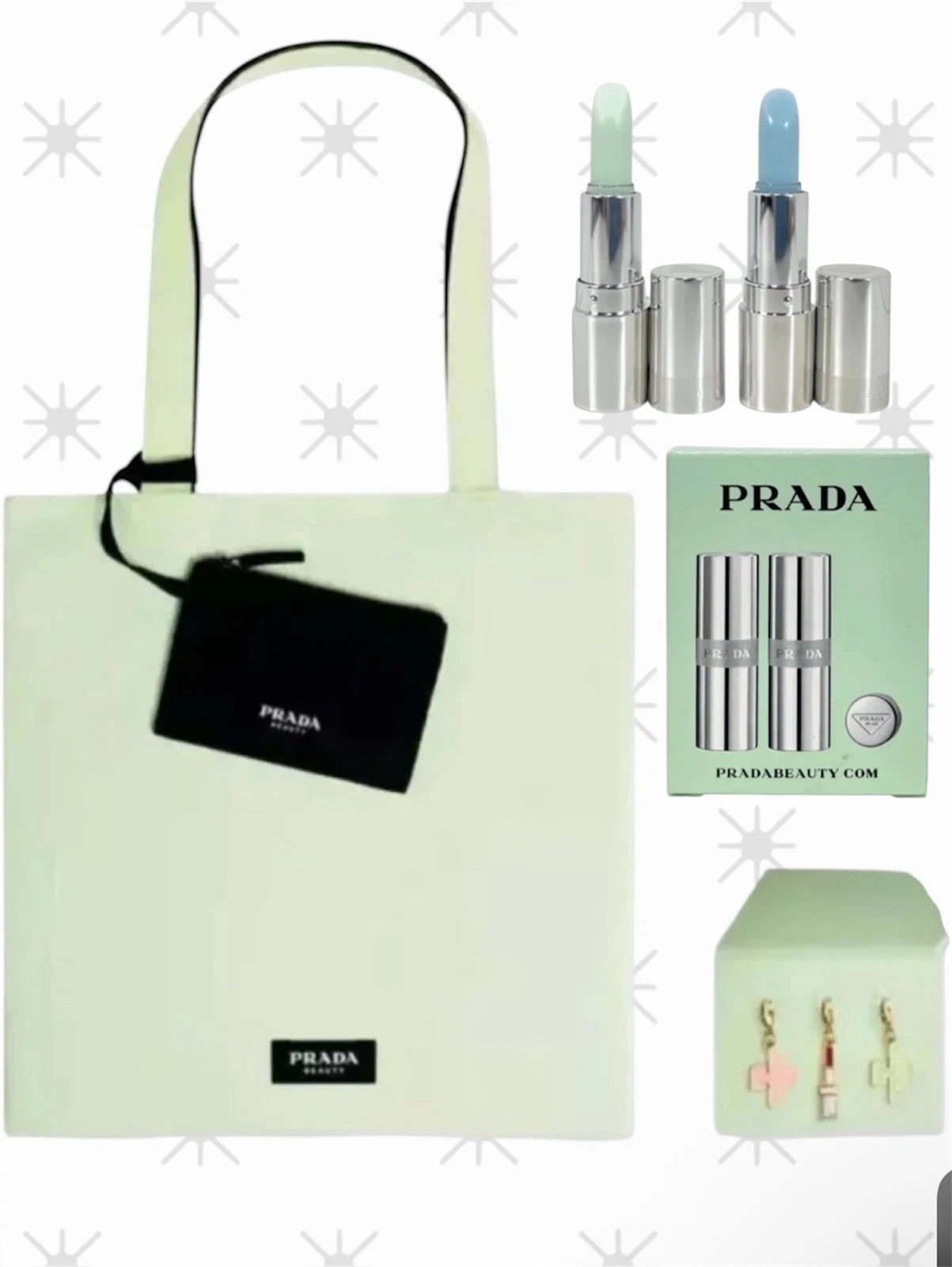 Borsa tote PRADA BEAUTY reversibile verde nero + rossetti + charms set 3 pezzi GWP
