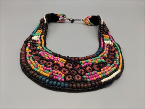 Ethnic Beaded Bib Statement Collar Necklace On Velvet Boho Choke Colorful Tribal - Picture 2 of 10