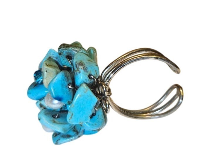 Statement Ring Adjustable Turquoise & Pearl Clust… - image 1
