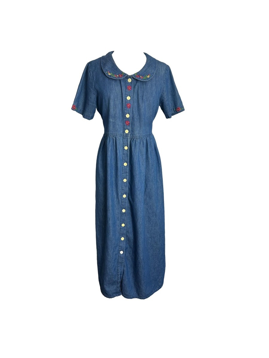 Vintage True Blue Denim Dress Floral Embroidery Womens Size Medium Modest  Button | eBay