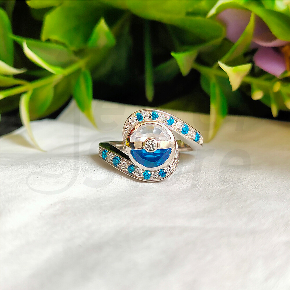 Pokeball Blue Diamond Engagement Ring Pokemon 14k White Gold