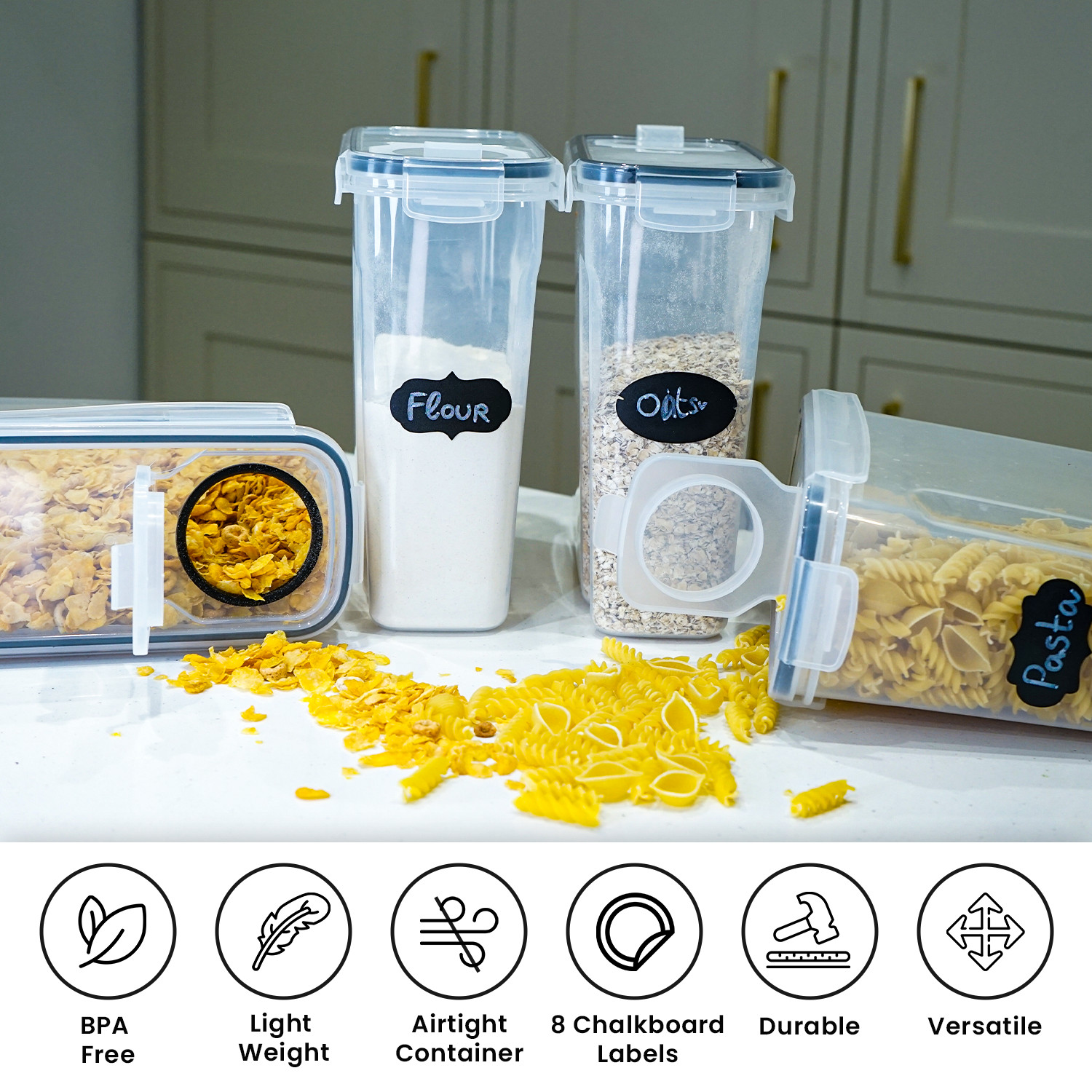 4pc Air Tight Storage Containers Cereal Food Dry Kitchen Pantry Dispenser