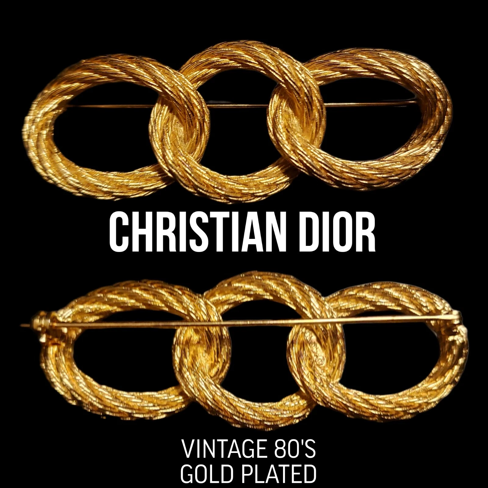 Christian Dior Brooch Gold Plated Triple Hoop Infinity Braided Texture