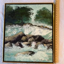 VINTAGE 70s abstract original hand painted oil PAINTING by Upton ocean teal blue