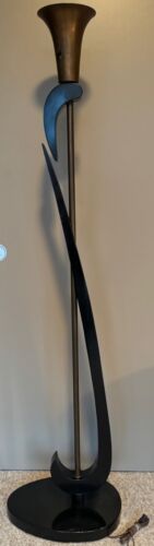 Vintage 50s Black Wood Brass Boomerang Floor Lamp MCM Mid Century Modern Atomic