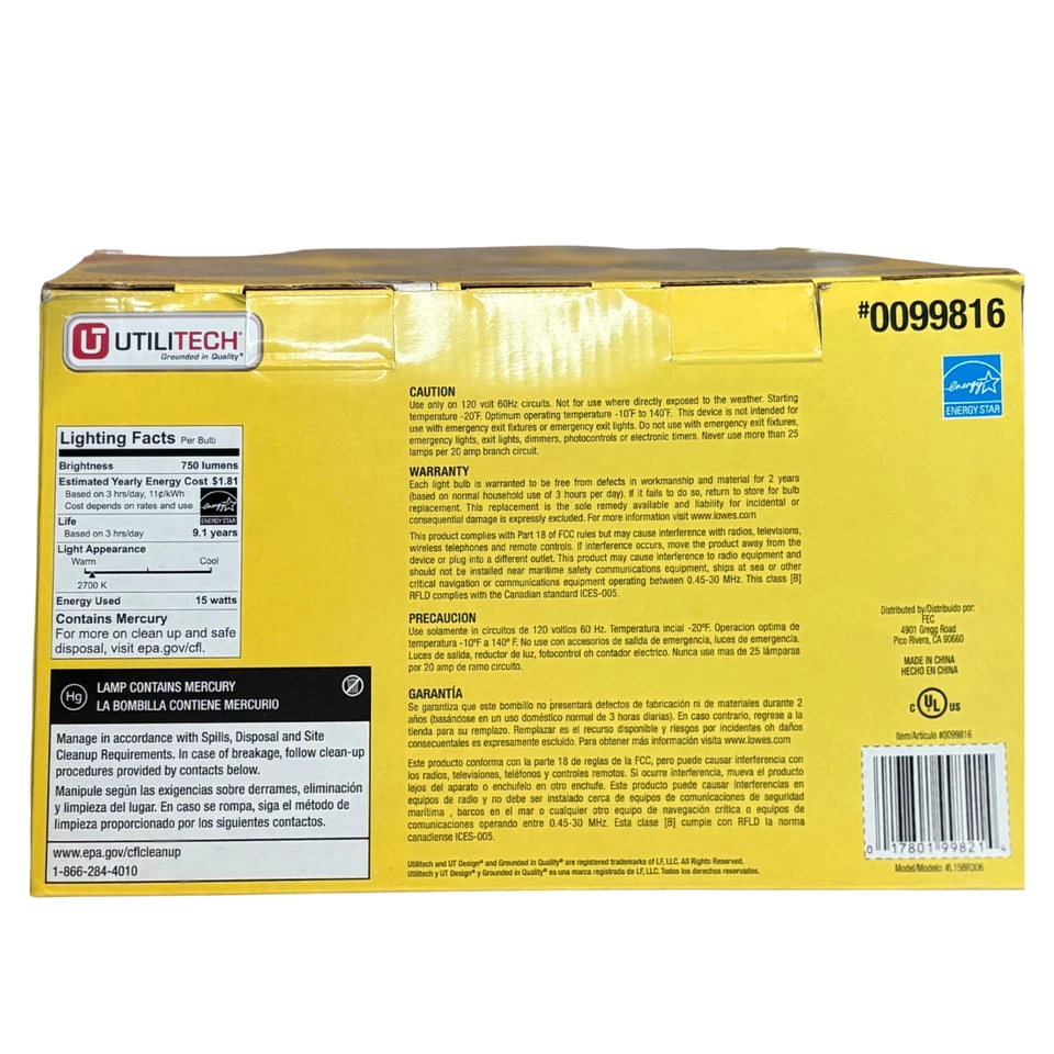 Utilitech 15W BR30 CFL LED Light Bulb Equivalent Soft White 750 Lumens 6-Pack - Image 3 of 3