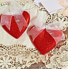Red Heart Ornaments Glitter PERFECT for Valentines Tree Qty 2 NEW