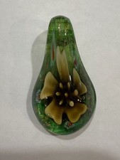 Large Teardrop Pendant Green W/ Gold Floral & Gold Stardust Lampwork Fused Glass
