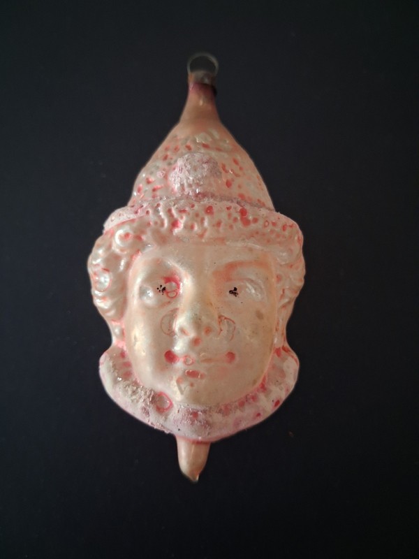 Antique German Unslv. Glass Clown Head Ornament